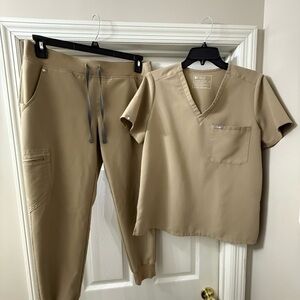 Figs Beige Scrub Set with V-Neck Top and Jogger Pants